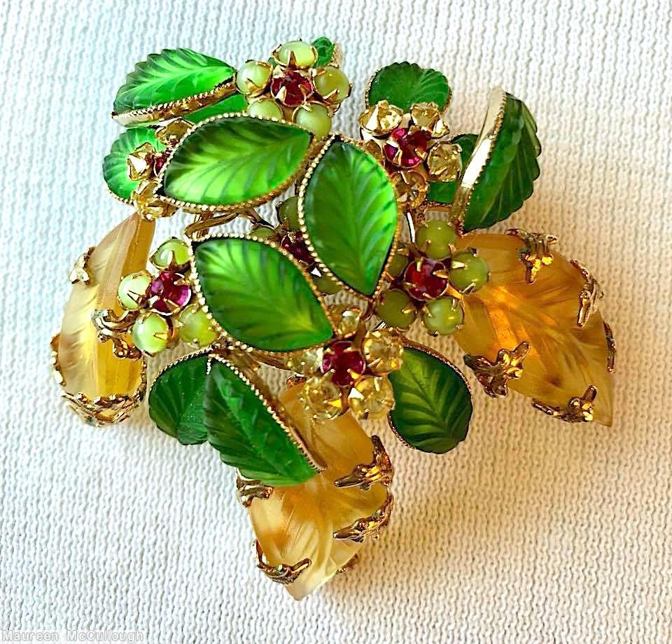 Schreiner 3d engraved leaf pin 3 large engraved leaf 13 small engraved leaf hook eye 6 clustered flower green engraved leaf light brown engraved leaf fuschia chaton apple green chaton goldtone jewelry