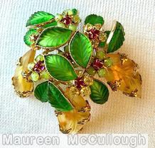 Schreiner 3d engraved leaf pin 3 large engraved leaf 13 small engraved leaf hook eye 6 clustered flower green engraved leaf light brown engraved leaf fuschia chaton apple green chaton goldtone jewelry