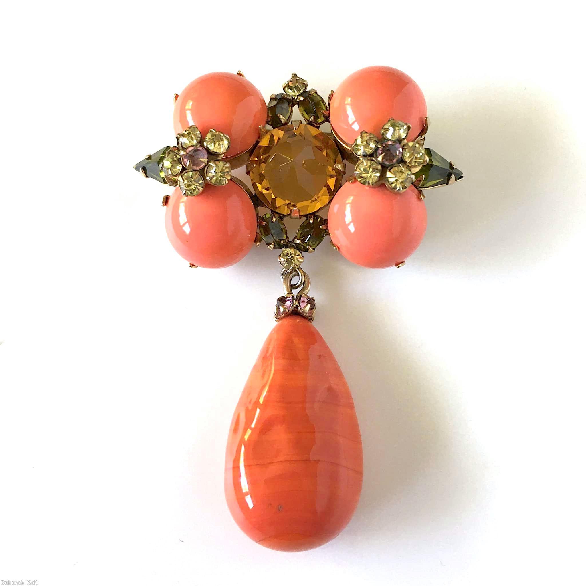 Schreiner 4 cab top down 1 dangle pin coral large round cab persimmon red marbled dangling bubble green small chaton purple small chaton goldtone jewelry