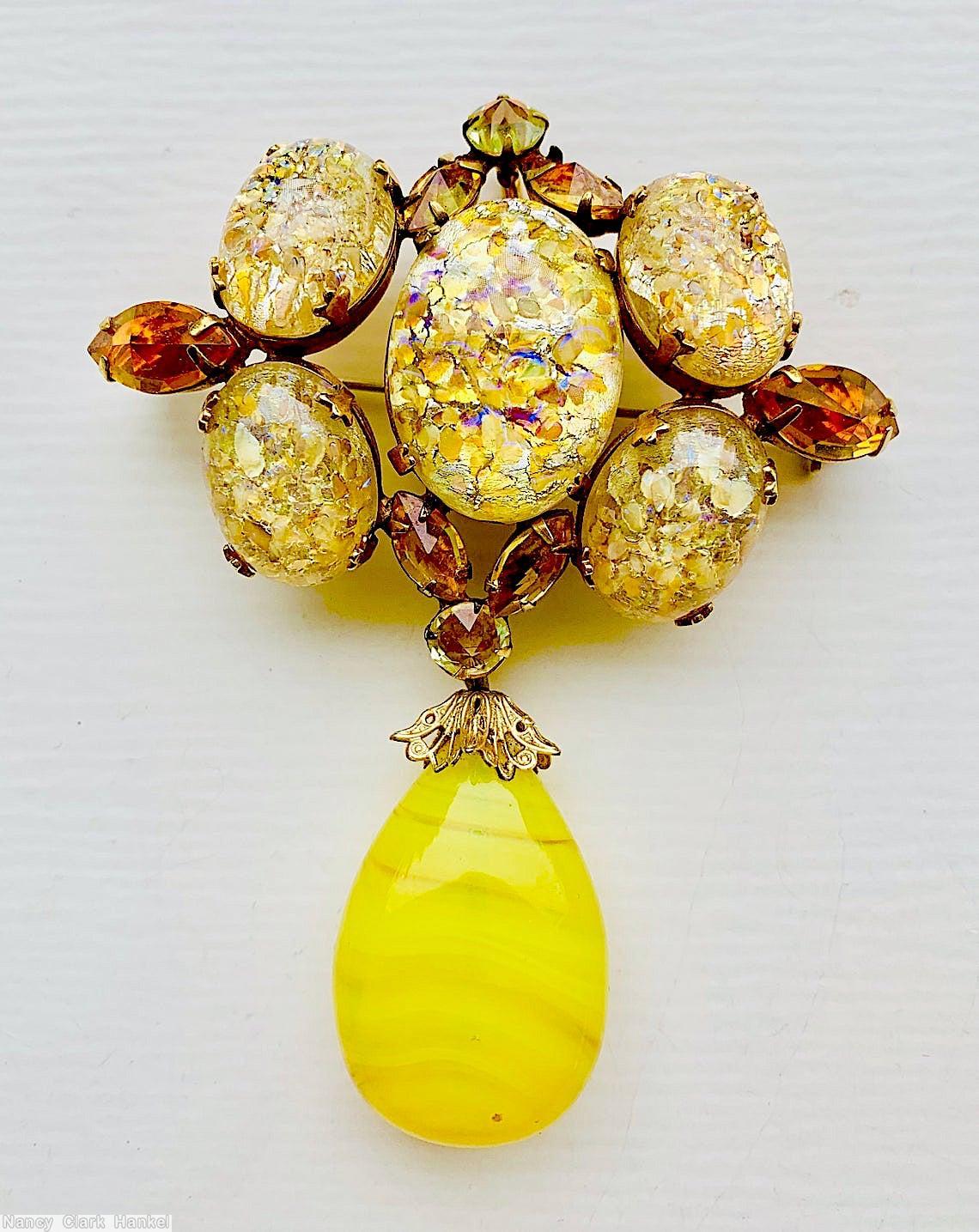 Schreiner 4 cab top down 1 dangle pin gold white marbled oval cab lime dangle amber faceted navette goldtone jewelry