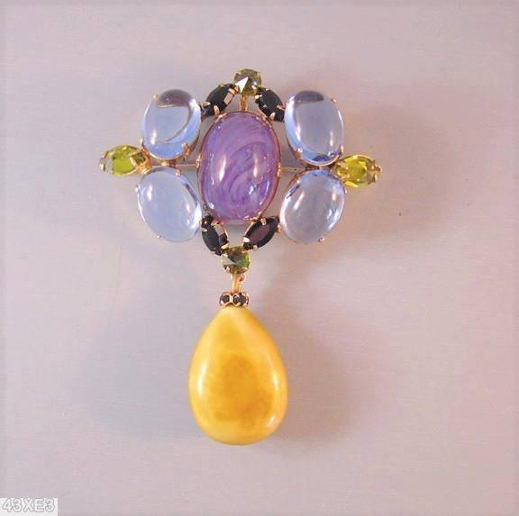 Schreiner 4 cab top down 1 dangle pin honey dangle large oval clear ice blue cab large oval marbled purple center jewelry