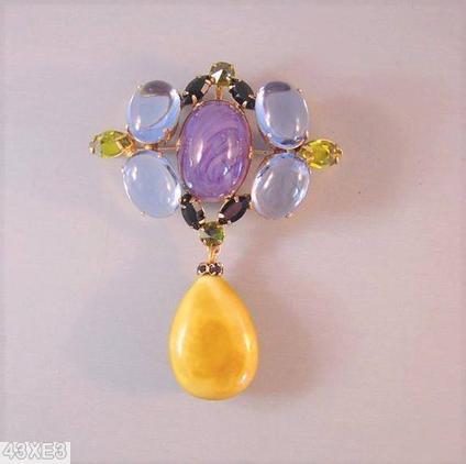 Schreiner 4 cab top down 1 dangle pin honey dangle large oval clear ice blue cab large oval marbled purple center jewelry