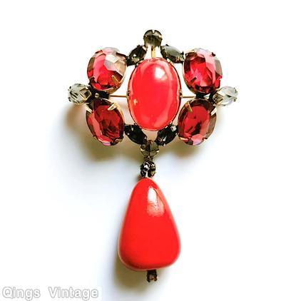 Schreiner 4 cab top down 1 dangle pin persimmon red jet 4 ruby faceted oval cab goldtone jewelry