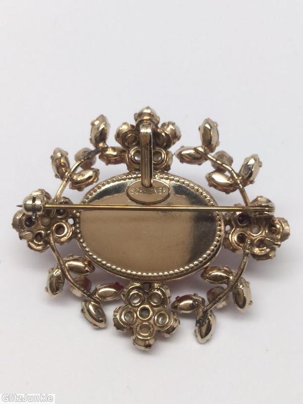 Schreiner 4 clustered flower 4 branch oval pin large oval center raspberry pink faux pearl seeds peridot amber jewelry