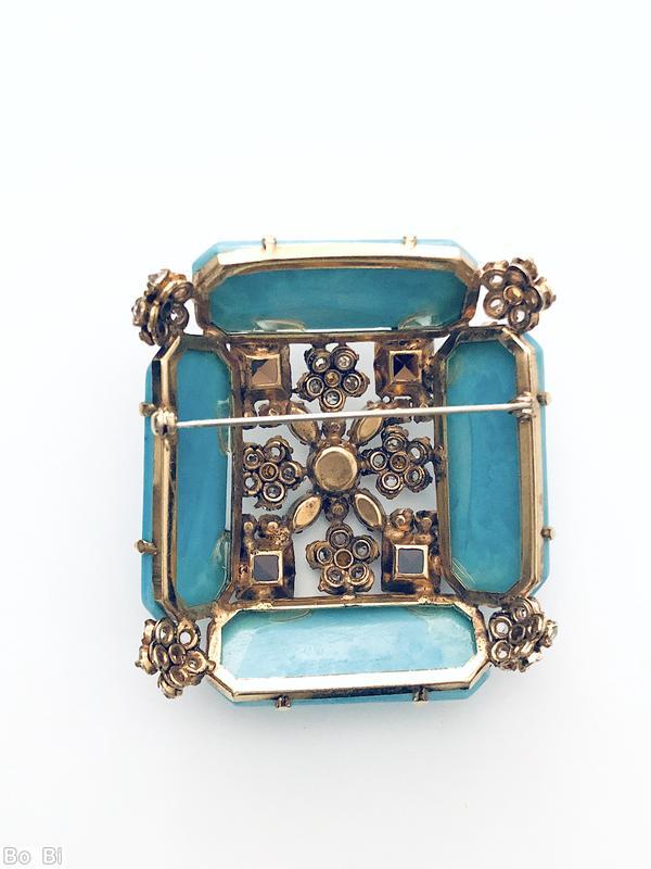 Schreiner 4 elongated hexagon stone side domed rectangle pin aqua marbled elongated stone turquoise small navette topaz faceted square stone crystal small inverted stone amber chaton center goldtone jewelry