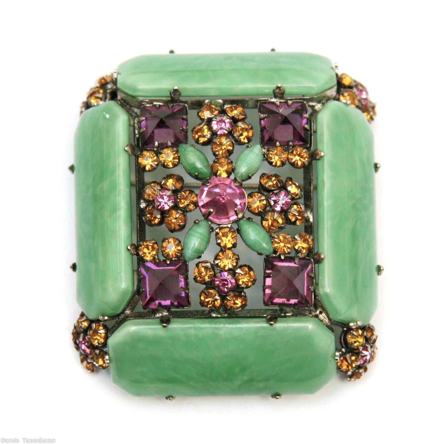 Schreiner 4 elongated hexagon stone side domed rectangle pin marbled green jade elongated hexagon stone purple faceted square stone topaz small chaton fuschia chaton center goldtone jewelry