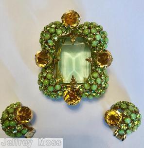 Schreiner 4 half clustered ball corner rectangle pin large faceted open back center stone 4 large chaton moonglow green green clear champagne clear apple green center jewelry