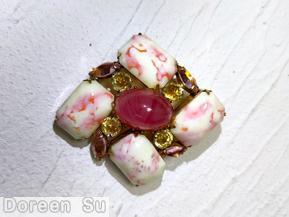 Schreiner 4 large emerald cut corner swirled diamond shaped pin oval center pink marbled milk white marbled pink center clear champagne inverted peach navette jewelry