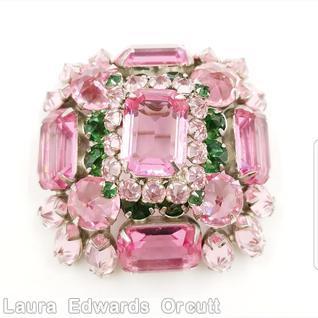 Schreiner 4 large emerald cut side rectangle pin 4 large chaton corner large emerald cut center pink green jewelry