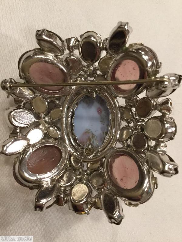 Schreiner 4 large oval cab corner radial rectangle pin 1 large oval cab center marbled lavender center jet smoke pink jewelry