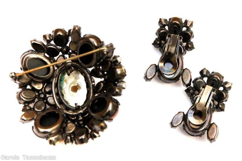 Schreiner 4 large oval cab corner radial rectangle pin 1 large oval cab center metalic brown large baroque pearl center faux pearl seeds metalic amber crystal jewelry