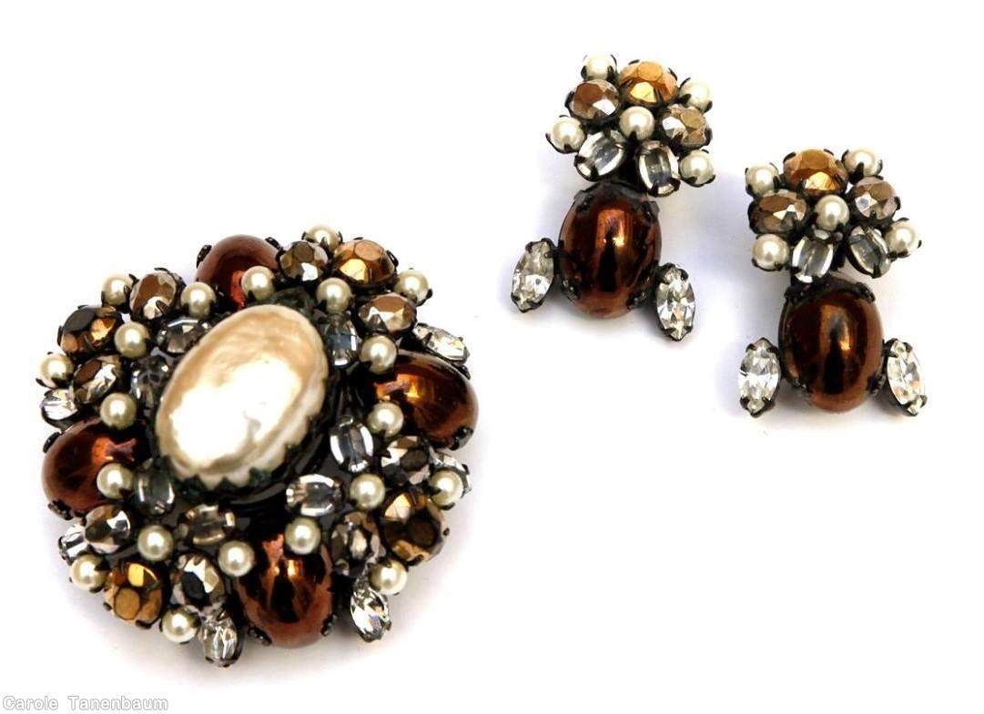 Schreiner 4 large oval cab corner radial rectangle pin 1 large oval cab center metalic brown large baroque pearl center faux pearl seeds metalic amber crystal jewelry