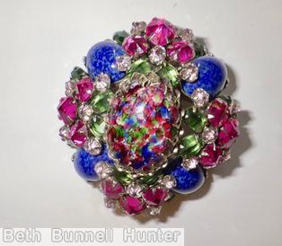 Schreiner 4 large oval cab corner radial rectangle pin 1 large oval cab center pink green lapis peach jewelry