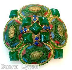 Schreiner 4 large oval cab sided domed pin 5 square stone center total 9 square stone moroccan tile large oval cab green blue red gold emrald square stone lapis blue small chaton goldtone jewelry