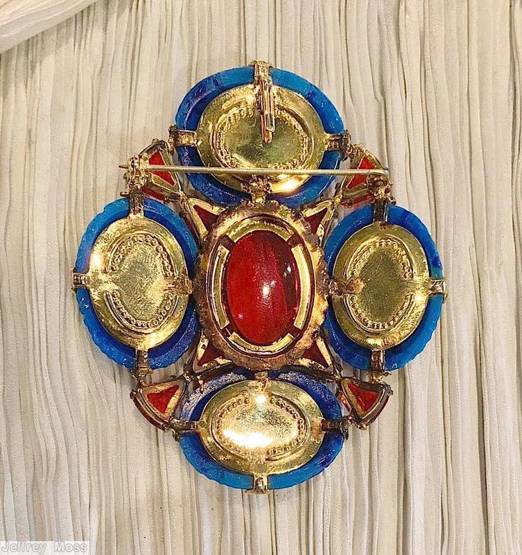 Schreiner 4 large oval molded flower stone large oval cab center 8 bell stone lapis blue molded art glass red goldtone jewelry