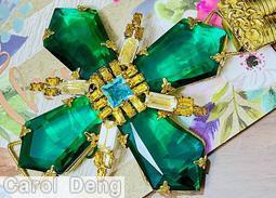 Schreiner 4 large spear shaped crystal radial cross pin 2 level top leveL small square center 12 surrounding small baguette 4 baguette branch emerald spear shaped crystal amber small baguette ice blue facted small square stone center goldtone jewelry