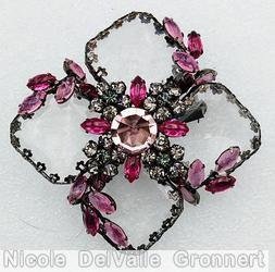 Schreiner 4 large square faceted clear stone radial pin chaton center surrounding 4 clustered flower 4 branch pink navette smoke chaton jewelry