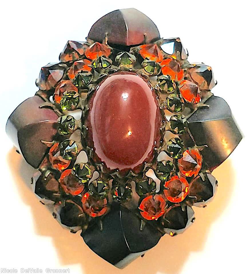 Schreiner 4 large square stone corner domed radial diamond shaped pin large oval center 3 rounds 4 sided brown matte corner opaque carnelian large oval cab coral peridot brown jewelry