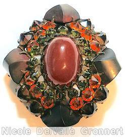 Schreiner 4 large square stone corner domed radial diamond shaped pin large oval center 3 rounds 4 sided brown matte corner opaque carnelian large oval cab coral peridot brown jewelry