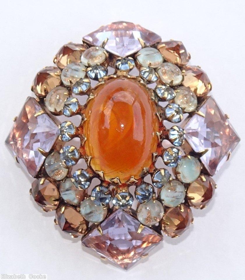Schreiner 4 large square stone corner domed radial diamond shaped pin large oval center 3 rounds carnelian large oval clear lavender aqua venetian ice blue ice brown jewelry