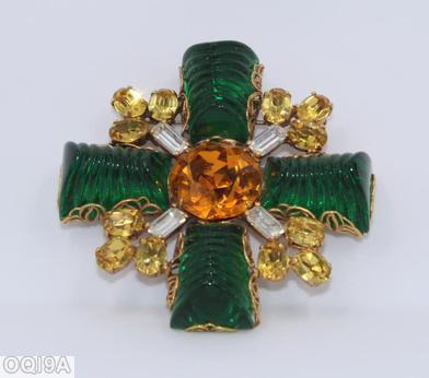 Schreiner 4 large trapezoid shaped molded stone cross pin 4 small branch large chaton center filigree wrapped emerald amber clear yellow crystal jewelry