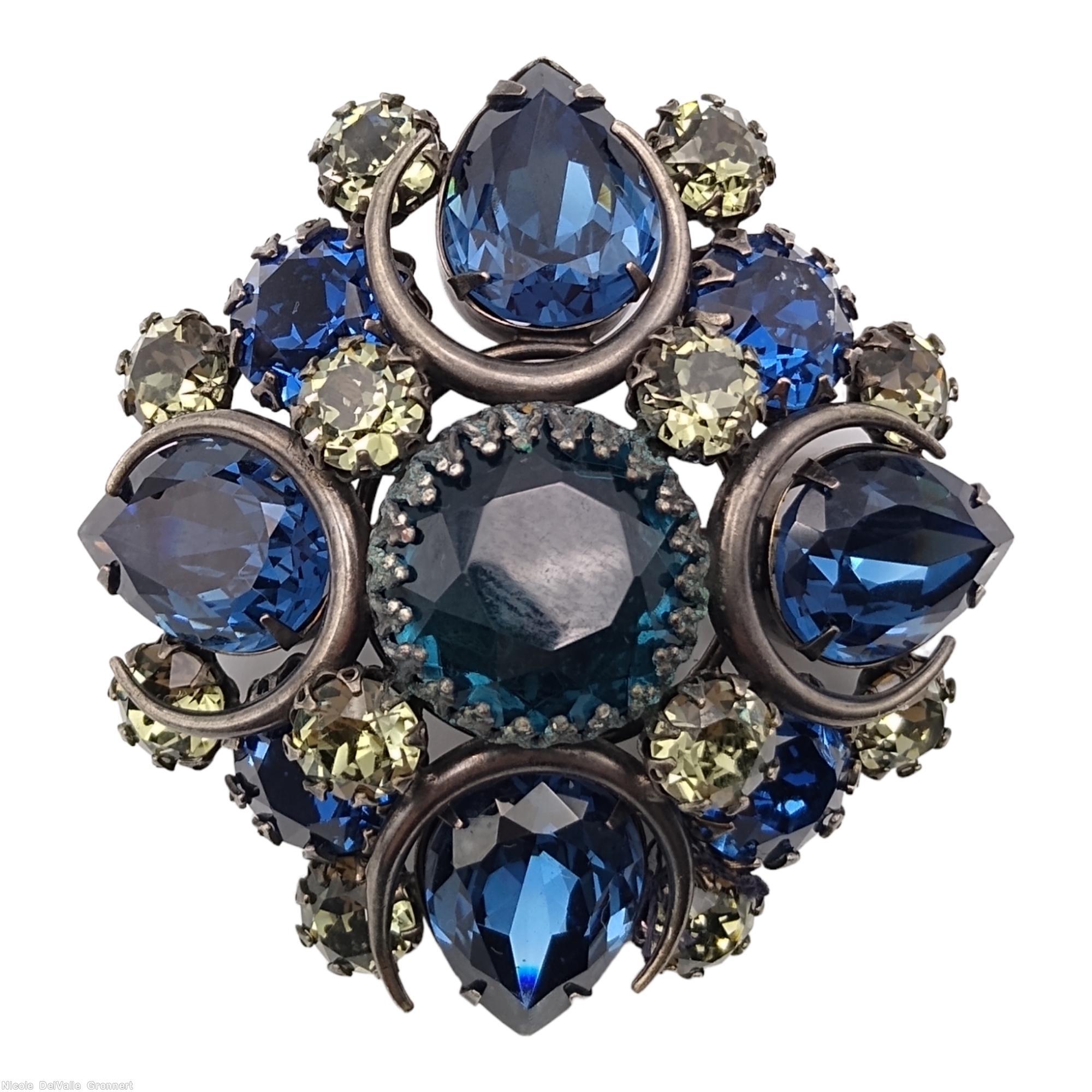 Schreiner 4 metal circle deco domed radial square pin 4 teardrop corner large chaton center navy blue large faceted teardrop clear champagne chaton jewelry