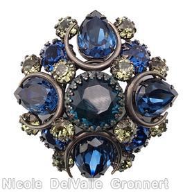 Schreiner 4 metal circle deco domed radial square pin 4 teardrop corner large chaton center navy blue large faceted teardrop clear champagne chaton jewelry
