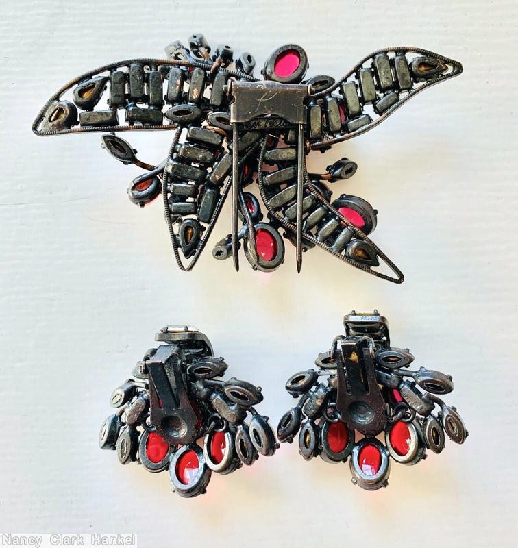 Schreiner 4 wired baguette leaf flower pin 2 level flower pin jelly belly branch ruby jelly belly crystal gunmetal jewelry