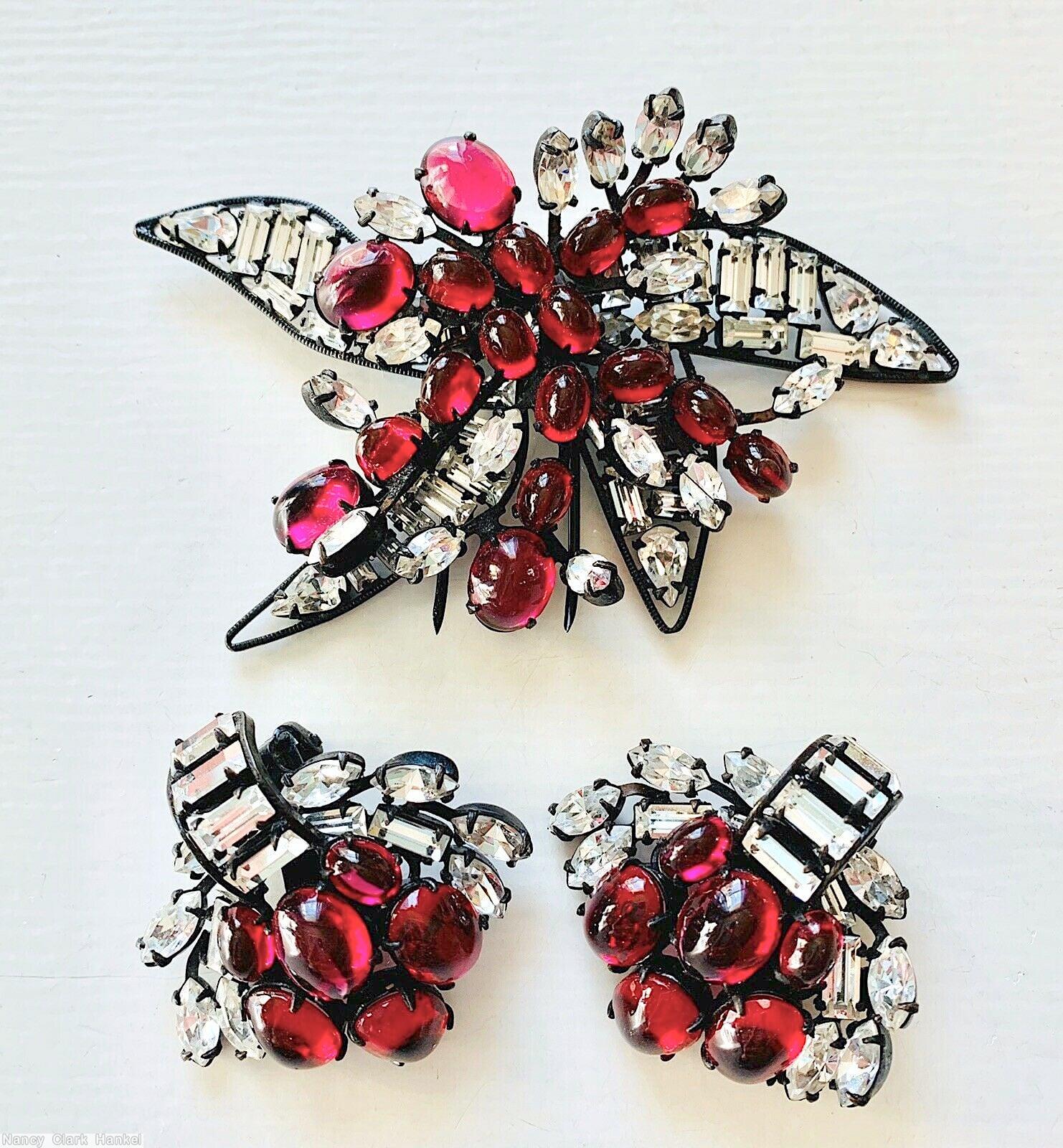Schreiner 4 wired baguette leaf flower pin 2 level flower pin jelly belly branch ruby jelly belly crystal gunmetal jewelry