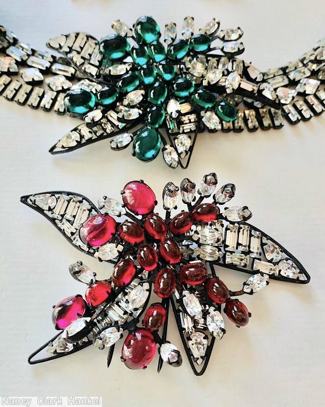 Schreiner 4 wired baguette leaf flower pin 2 level flower pin jelly belly branch ruby jelly belly crystal gunmetal jewelry