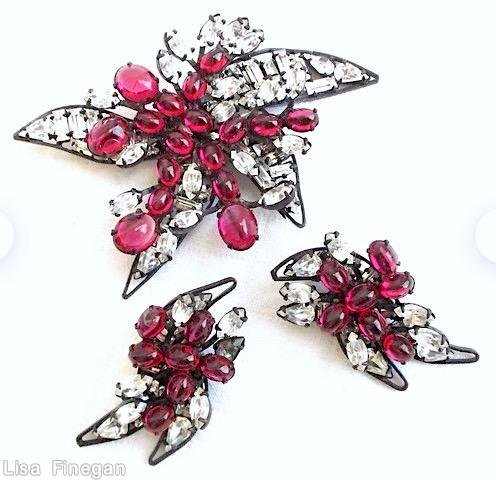 Schreiner 4 wired baguette leaf flower pin 2 level flower pin jelly belly branch ruby jelly belly crystal gunmetal jewelry