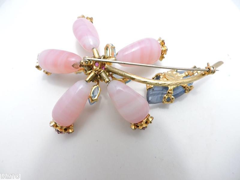 Schreiner 5 bead with flower head end radial flower pin flower head center 1 engraved leaf long metal stem with twisted mark pink marbled bead fuschia flower head clear navy engraved leaf goldtone ice blue clear faceted navette jewelry