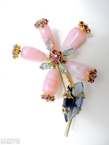 Schreiner 5 bead with flower head end radial flower pin flower head center 1 engraved leaf long metal stem with twisted mark pink marbled bead fuschia flower head clear navy engraved leaf goldtone ice blue clear faceted navette jewelry