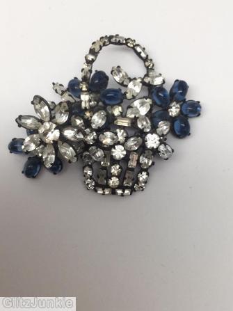 Schreiner 5 flower basket pin crystal navy jewelry