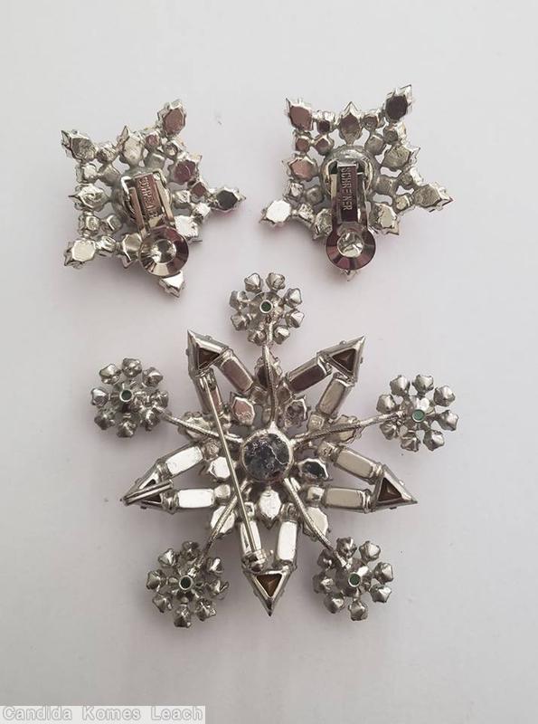 Schreiner 5 flower branch radial star pin chaton center triangle stone crystal emerald pink jewelry