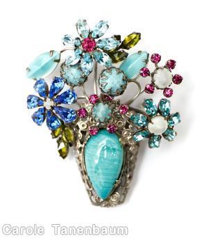 Schreiner 5 flower vase pin large bead marbled aqua marina blue peridot moonglow aqua turquoise fuchsia moonglow white jewelry