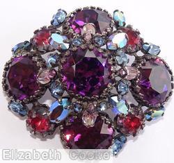 Schreiner 5 large chaton domed radial square pin circle wire frame 1 large chaton center purple rose cut center bicolor pink ruby ab navette pale blue silvertone jewelry