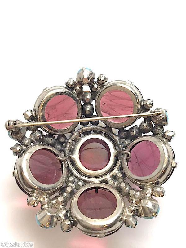 Schreiner 5 large chaton domed round pin large chaton center marbled plum large chaton pale aqua inverted baby blue opaque inverted pale pink silvertone jewelry