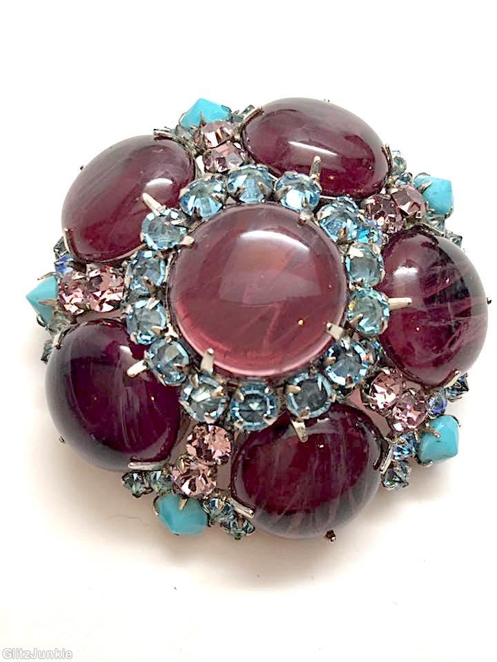 Schreiner 5 large chaton domed round pin large chaton center marbled plum large chaton pale aqua inverted baby blue opaque inverted pale pink silvertone jewelry