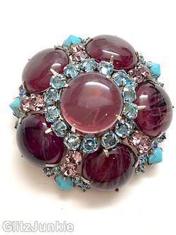 Schreiner 5 large chaton domed round pin large chaton center marbled plum large chaton pale aqua inverted baby blue opaque inverted pale pink silvertone jewelry