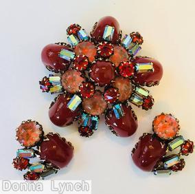 Schreiner 5 large emerald cut domed radial round pin 5 stone star center 5 large oval cab 15 small baguette ab peach venetian coral red large emerald cut art glass jewelry