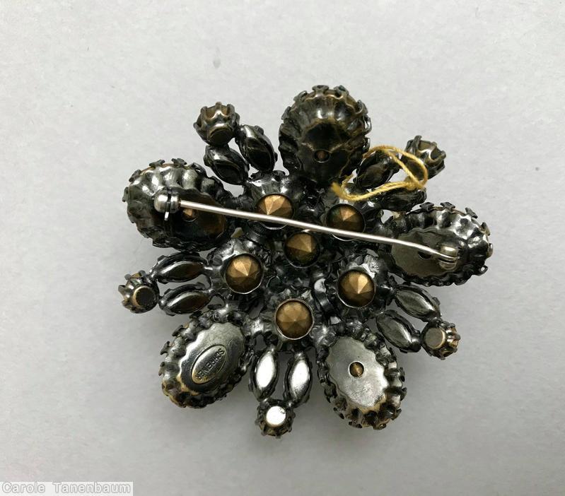 Schreiner 5 large emerald cut domed radial round pin 5 stone star center 5 large oval cab 15 small baguette crystal clear champagne ice blue jewelry