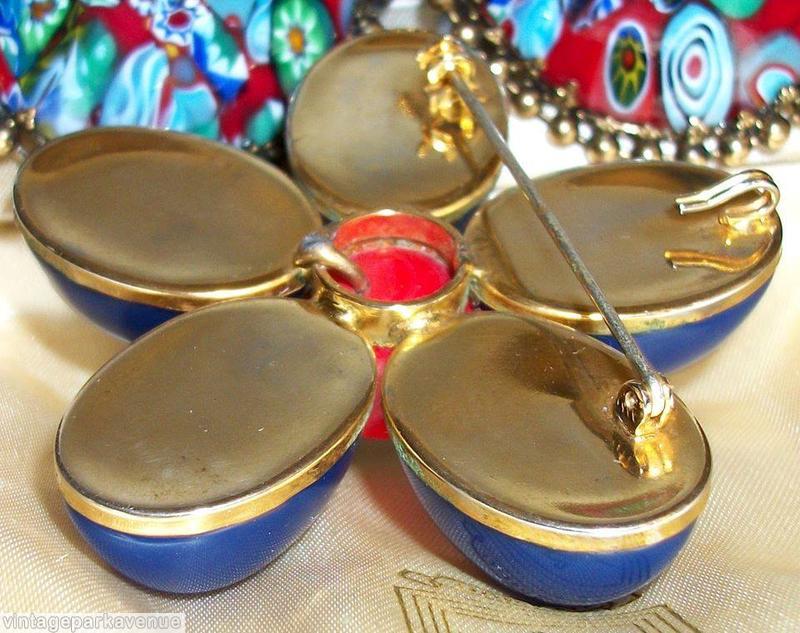 Schreiner 5 large oval cab 5 small chaton branch radial pin large chaton center lapis red goldtone jewelry