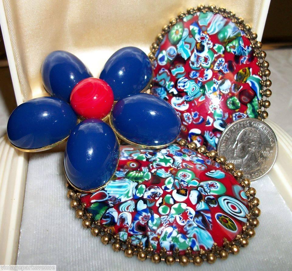 Schreiner 5 large oval cab 5 small chaton branch radial pin large chaton center lapis red goldtone jewelry