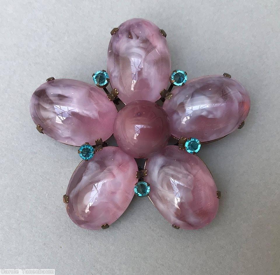 Schreiner 5 large oval cab 5 small chaton branch radial pin large chaton center marbled plum aqua jewelry