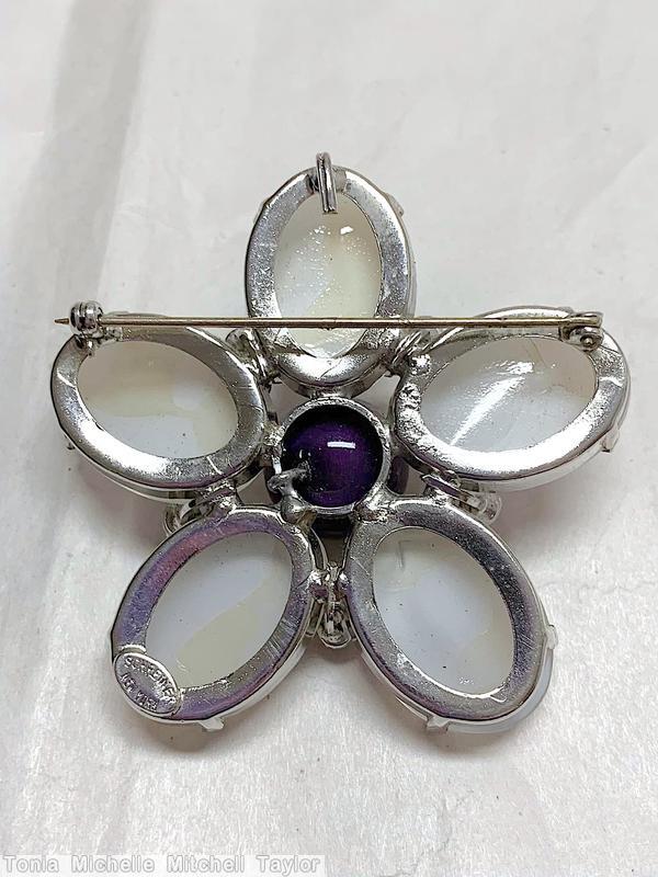 Schreiner 5 large oval cab 5 small chaton branch radial pin large chaton center tri colored large oval art glass large purple round cab purple small chaton silvertone jewelry