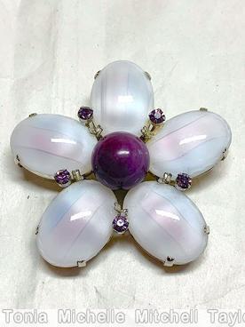 Schreiner 5 large oval cab 5 small chaton branch radial pin large chaton center tri colored large oval art glass large purple round cab purple small chaton silvertone jewelry