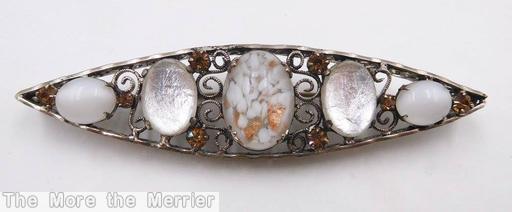 Schreiner 5 large oval cab eye shaped shadow box pin filigree moonglow white marbled white frosted amber jewelry