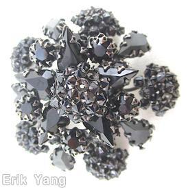 Schreiner 5 pointy star shaped domed radial 2 level pin 6 clustered ball clustered ball center 10 teardrop jet jewelry