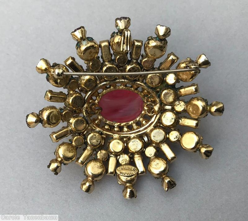 Schreiner 5 rounds varied length domed radial oval pin large oval center 16 small surrounding chaton small baguette fuchsia pink faux pearl green celery jewelry